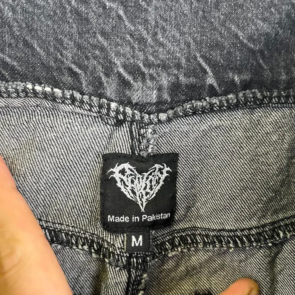 Y2K JNCO Style Black Denim Shorts With White Flame Design Size M